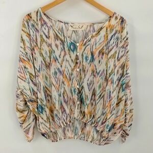 Santa Sofia button crop top multicolor tribal print medium to large cinch sleeve